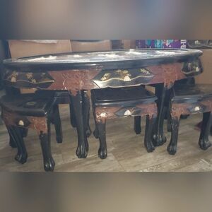 48" Shiny Black Lacquer Oriental Coffee/Tea Table, Inlaid Pearl with Six Stools.